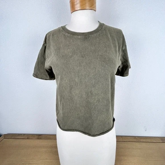 T&B Olive Green Crop Frayed Hem Short Sleeve Casual Streetwear TShirt Teen 14/16 - Picture 4 of 7